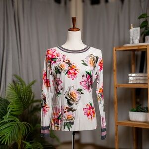 INC International Concepts Cream and Red Fitted Ribbed Blouse